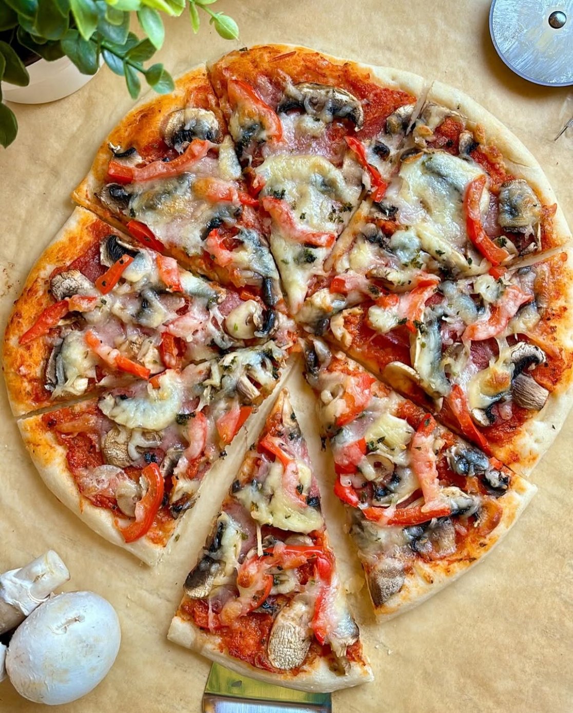 Homemade pizza with roasted mushrooms, red pepper, and melted cheese